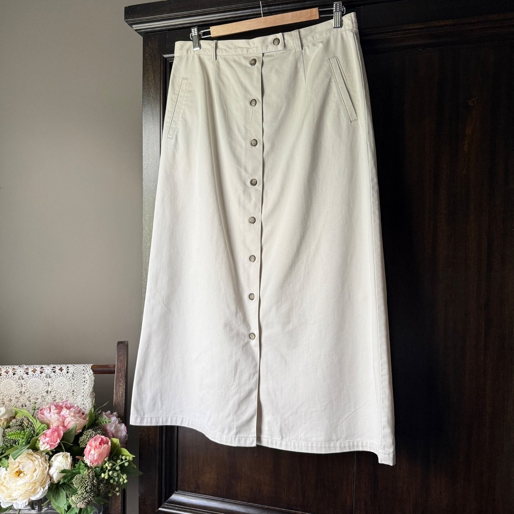 Tabi Button Front Midi Skirt Beige A-Line Pockets Size 12 Minimal Classic